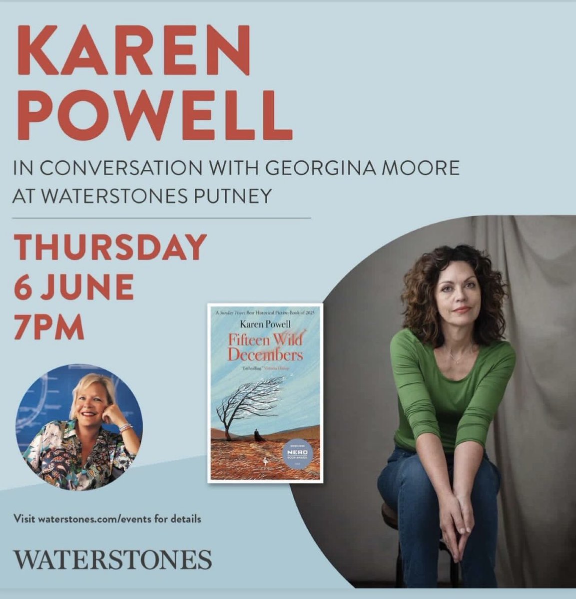 I have been recommending the brilliant novel #FifteenWildDecembers by @karenlpowell1 to everyone I know. It’s a vivid, extraordinary reimagining of the lives of the Bronte sisters. And now I get to interview Karen @WStonesPutney on 6th June. Come & join us waterstones.com/events/an-even…