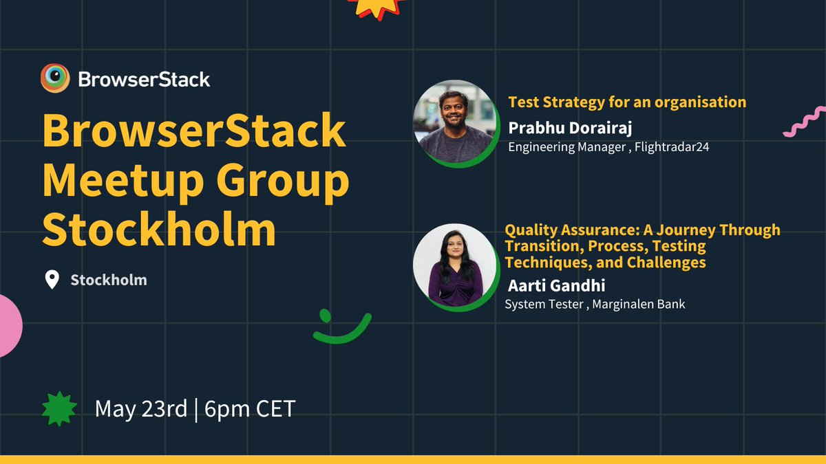 browserstack's tweet image. Stockholm, get ready! 🎉

Our first-ever BrowserStack QA Meetup is coming to you on May 23rd.  

Brace yourself for engaging sessions on #TestStrategy and the dynamic #QualityAssurance landscape. 

Secure your spot now ➡️ bit.ly/3V4i9zC 

#Stockholm #Meetup