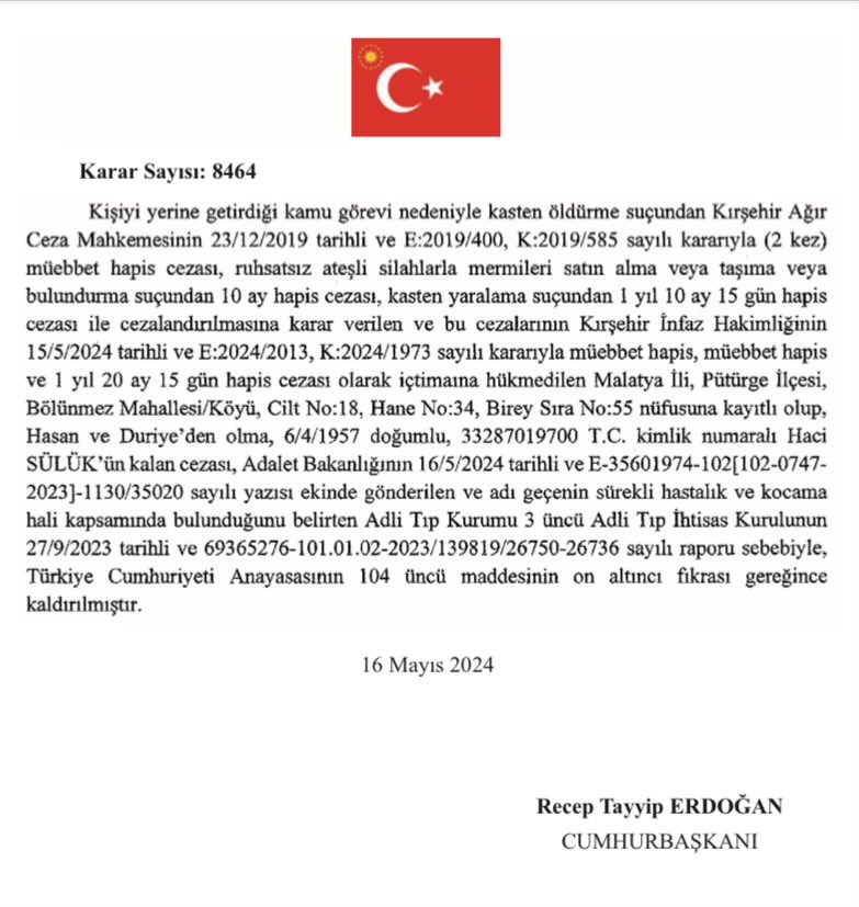 31 Mart 2019 yerel seçimlerinde Malatya’nın Pötürge ilçesinde Saadet Partili 2 müşahidi öldürenlerden AKP'li belediye başkanı Mikail Sülük'ün babası Hacı Sülük'ün (67) müebbet hapis cezası, Erdoğan imzasıyla affedildi.