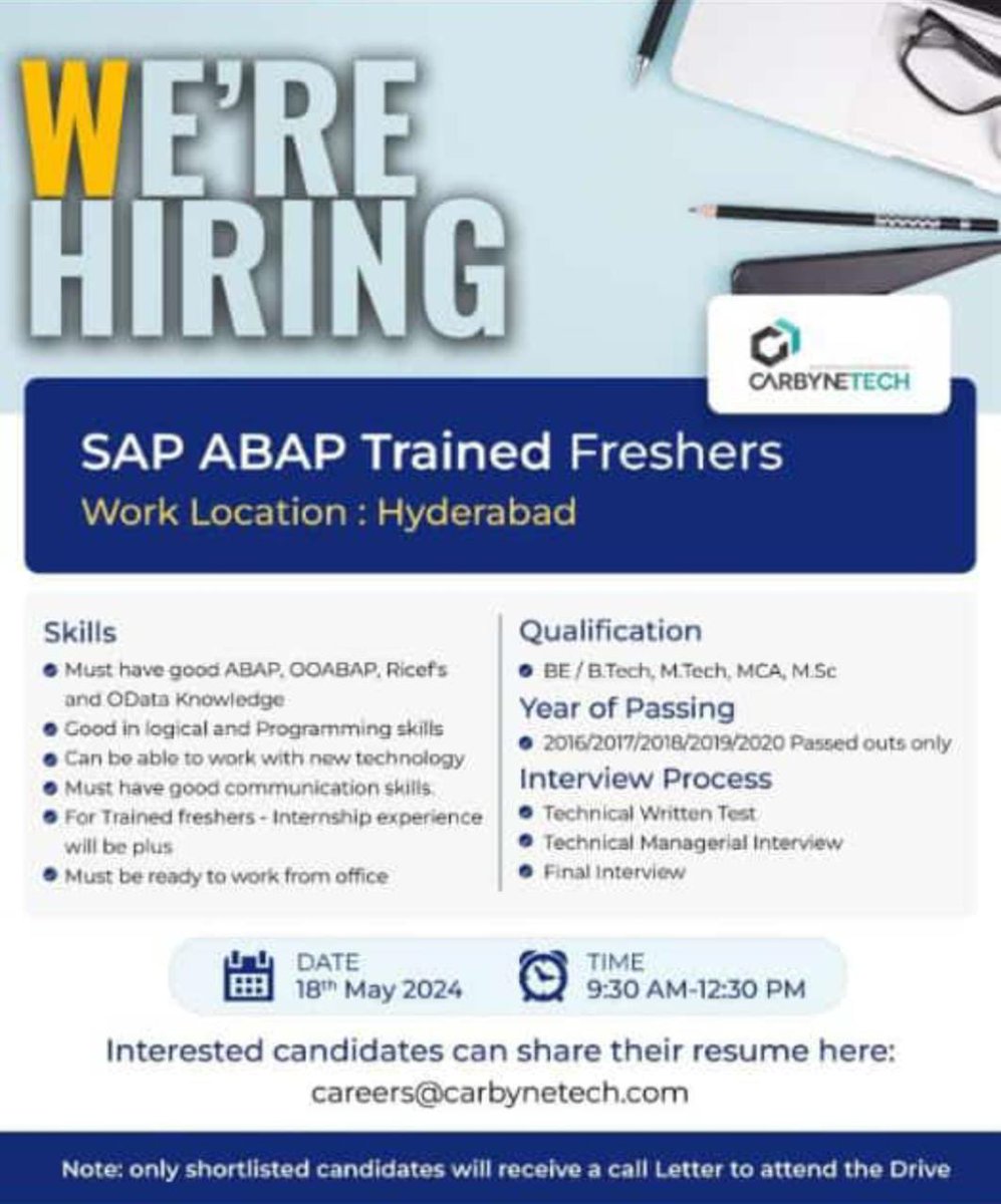 Dear connections We are hiring trained freshers for the below position: SAP ABAP Trained Freshers.careers@carbynetech.com if anyone is interested #sapfifresher #sapABAPfresher #SAPABAPfresher #abapfresher #Hiring #JobOpportunity #SAPJobs #FreshersHiring #SAPFI #CareerOpportunity