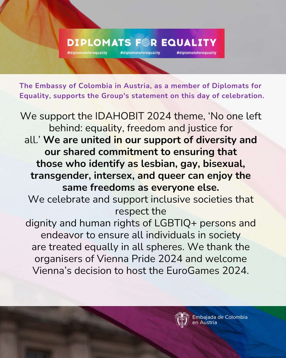 Hoy en el Día Internacional contra la Homofobia, la Bifobia y la Transfobia (IDAHOBIT), celebramos la diversidad y la inclusión 🏳️‍⚧️🏳️‍🌈⚧️ #DiplomatsforEquality