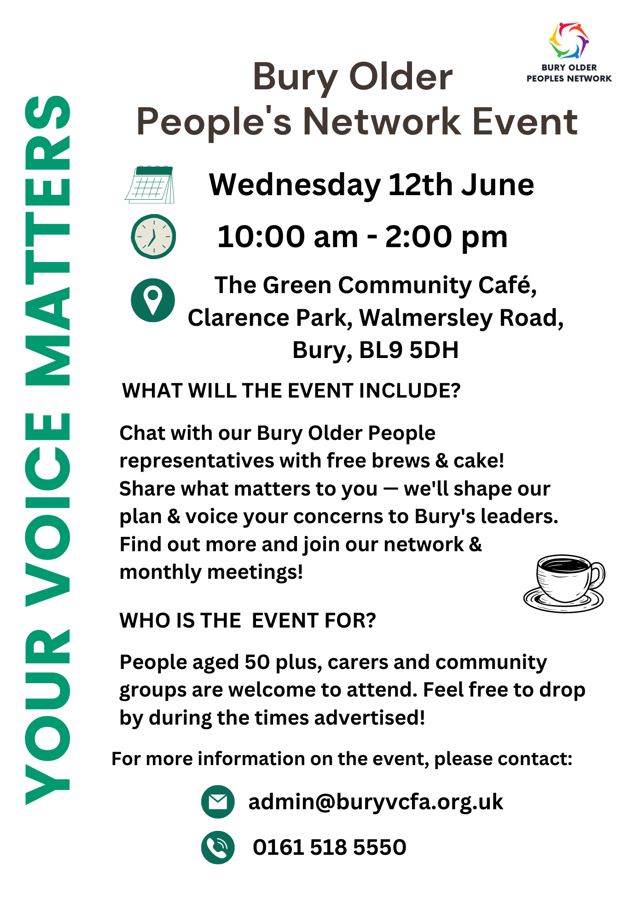Share what matters to you at the next Bury Older People's Network event. @BuryVCFA