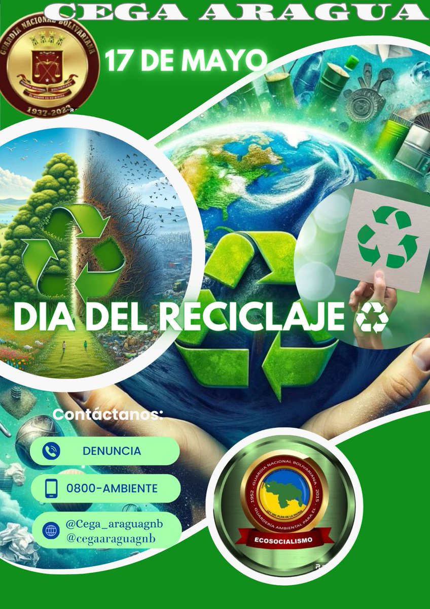 El 17 de mayo se celebra el Día Internacional del Reciclaje, con el objetivo de concienciar a la sociedad, para no contribuir al cambio climático. 
@aacastejon @_REDICentral 
@CEOFANBVE @CZ42Aragua @dhernandezlarez @ElioEstrada18 @GnbGaranteDePaz @Ruf0P6rr6 @ZodiAragua3
