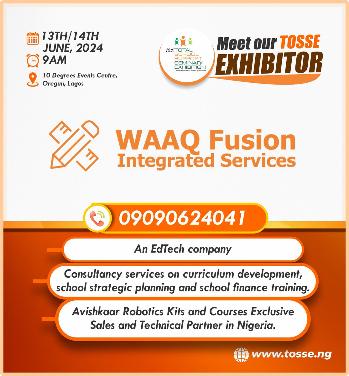 Meet WAAQ Fusion Integrated Services at TOSSE 2024!

WAAQ Fusion Integrated Services is an EdTech company that does consultancy services on curriculum development, school strategic planning and school finance training.

Visit tosse.ng

#tosse #exhibition