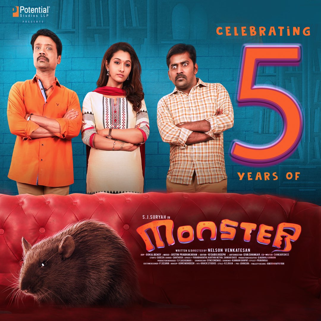 🎉🎬 It's been 5 incredible years since 'Monster' hit the big screen! Thank you to our amazing audience for making it a huge success. Your love and enthusiasm mean the world to us! 🙏❤️ #5YearsOfMonster #Monster🐀 @iam_SJSuryah @priya_Bshankar #Karunakaran @justin_tunes