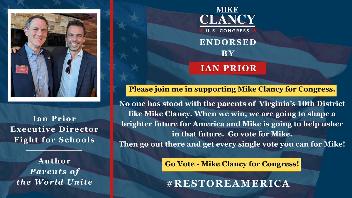 Truly honored to receive @iandprior's  endorsement.
@fightforschools ignited a movement that elected @GovernorVA. Now the fight continues for our children in #VA10. #RestoreAmerica