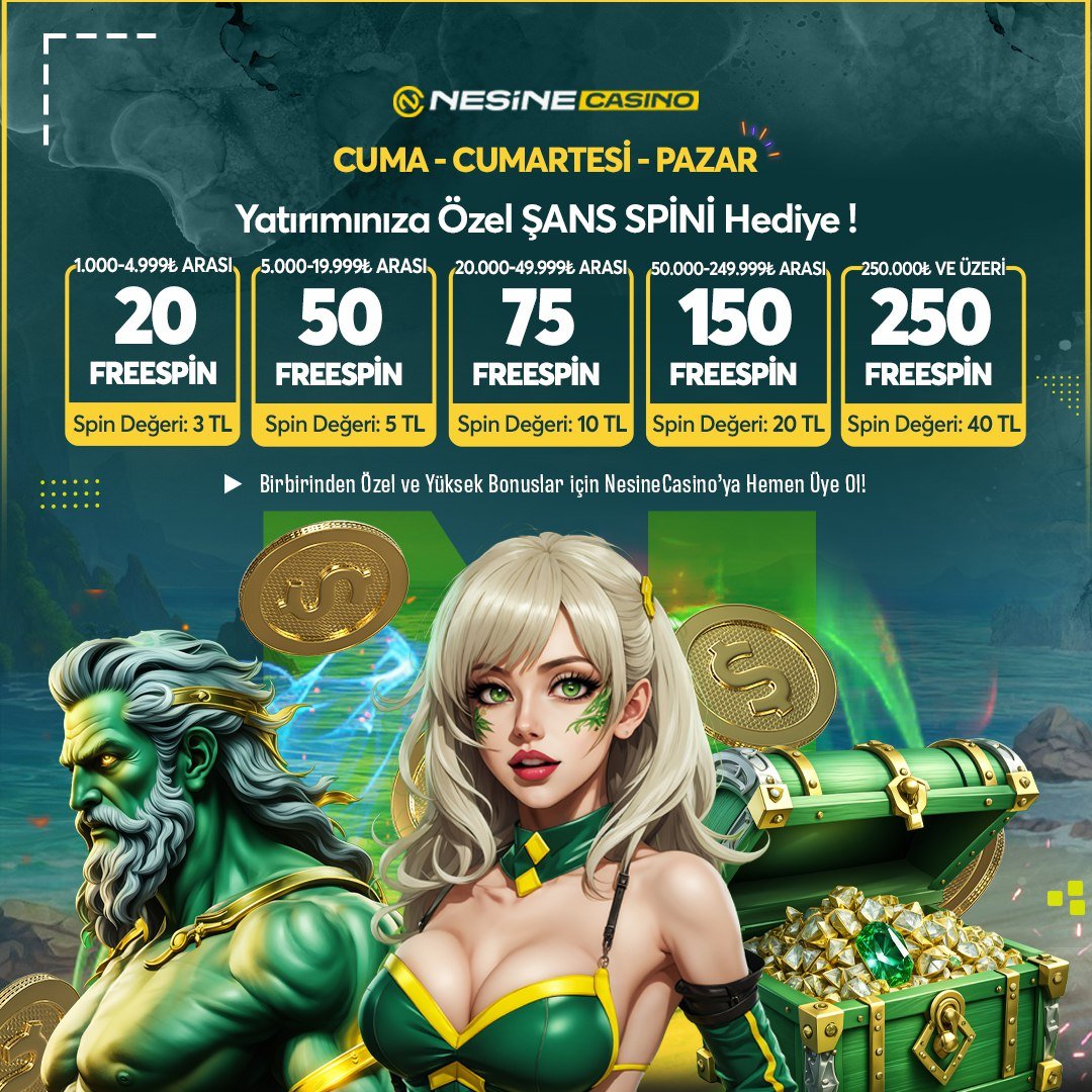 🔔Üye Ol: t2m.io/nesinecasinoli… 🥳 #NesineCasino'da Şans Spini Günleri Başladı 🥳 🗓 Cuma-Cumartesi-Pazar Günleri Yatırımınıza Özel 2️⃣5️⃣0️⃣ Freespine Kadar ŞANS SPİNİ Hediye ‼️ Promosyondan Faydalanmanız İçin Minimum 1000₺ Yatırım Sağlamanız Gerekmektedir +++