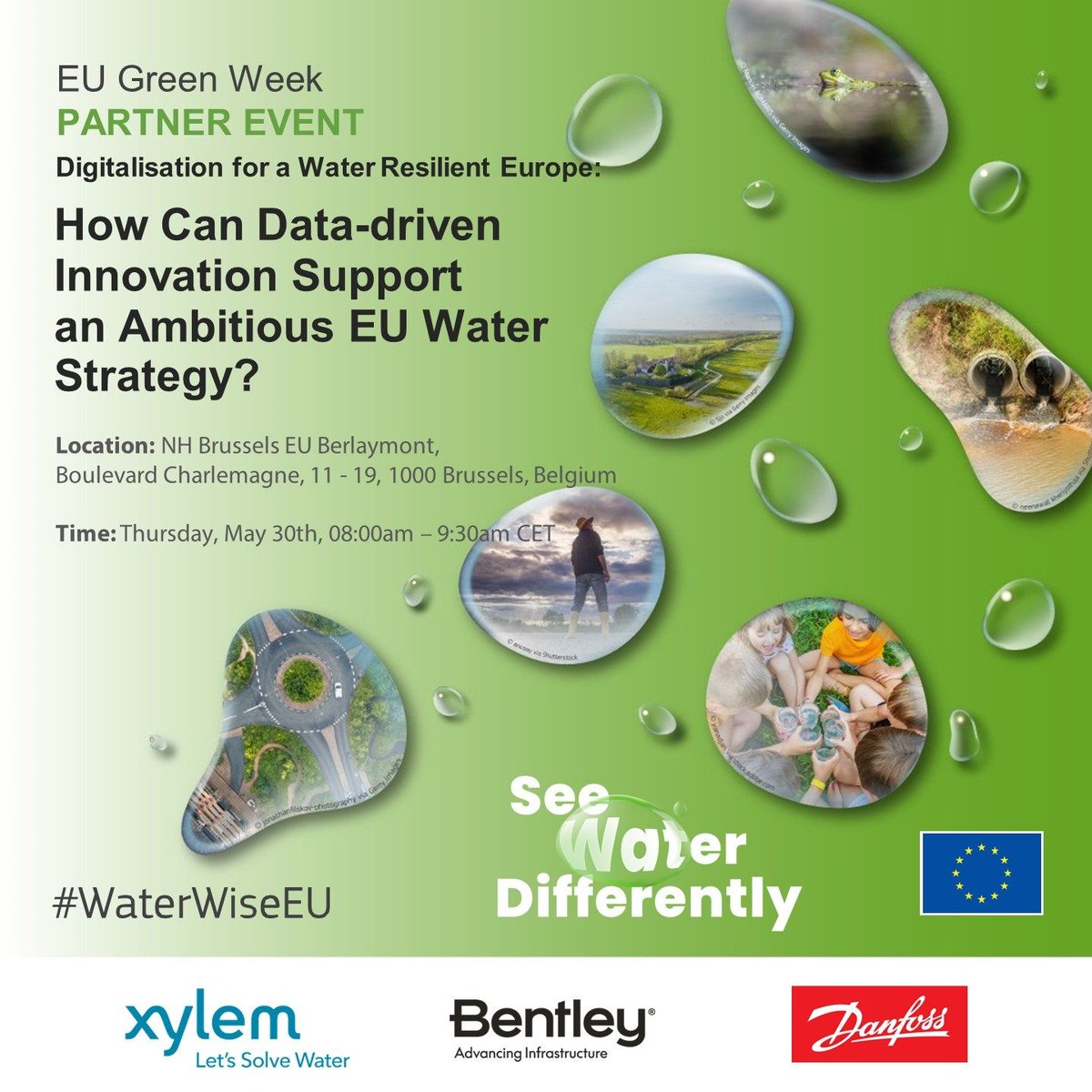 🌱The #EUGreenWeek is around the corner. 🔔Don't miss the roundtable discussion on #Digitalisation for a #WaterResilient Europe organised by @BentleyUKI , in collaboration with @Danfoss & @Xylem. 🗓30 May 🕗08:00-09:30 📍Brussels Info & Registrations buff.ly/3WJWYns