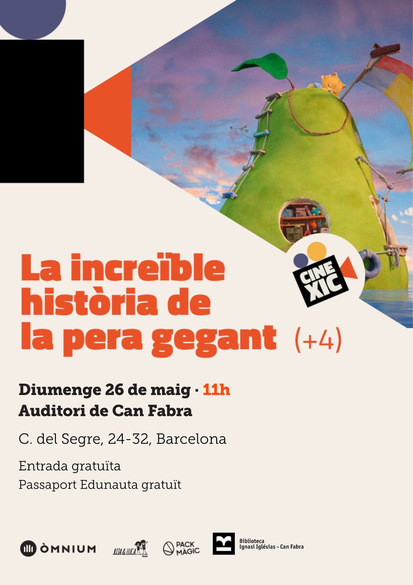 Bon dia ! Nova sessió del #CineXic, el cinema en català per als més menuts ! 🎥 'La increïble història de la pera gegant' 📍 Auditori de Can Fabra 🕚 11h 📅 Diumenge 26 de maig #CineXic és una proposta d’@omnium per promoure l’ús social del català. #ComparteixElCatalà