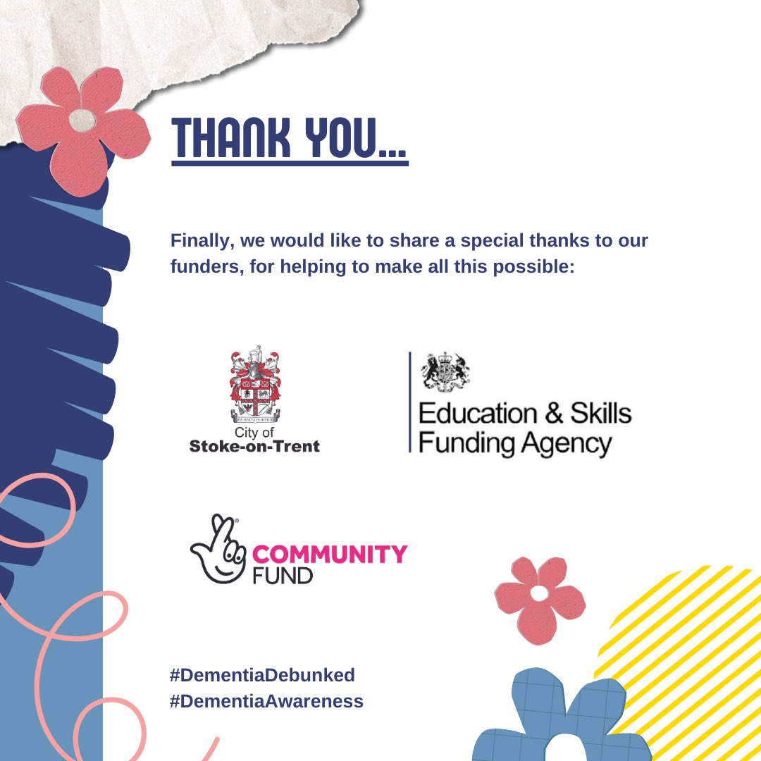 From all the #DementiaDebunked team, I’d like to share a special thanks to our funders for helping to make this all possible #stokeadultlearning, @SoTCityCouncil, #ESFA, @TNLComFund ❤️ 

#DementiaDebunked #DementiaAwareness #DementiaActionWeek