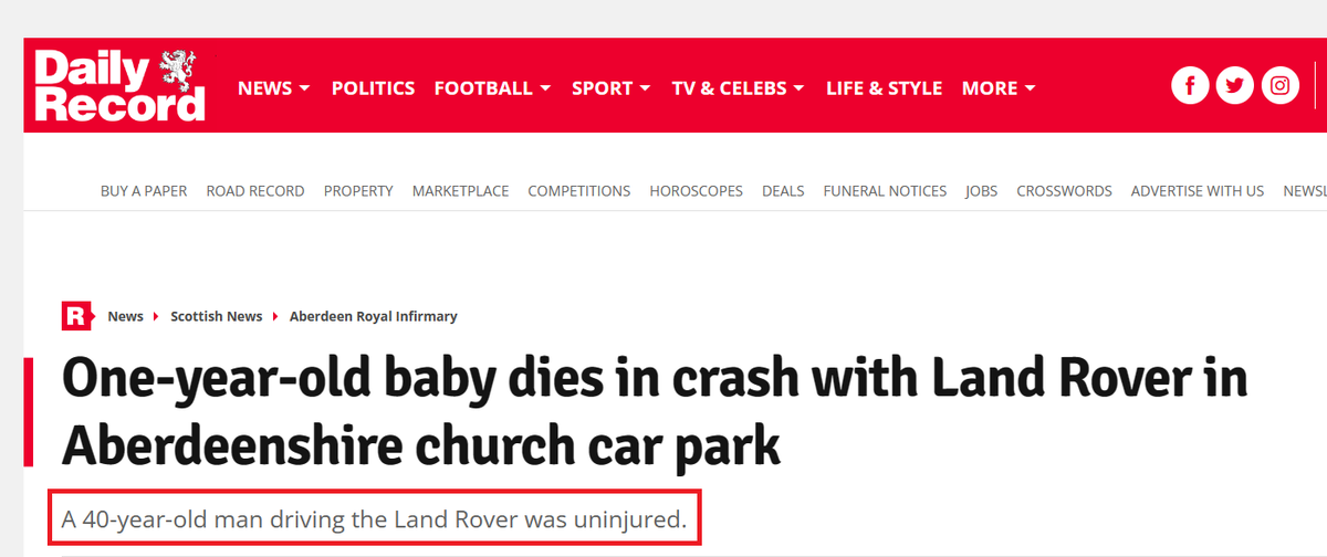 Dear @Daily_Record, One year-old babies don't 'crash' into cars. And of course the driver was 'uninjured'; he was behind the wheel of a 2.5 tonne Land Rover.