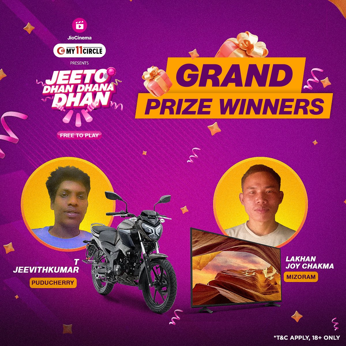 Big cheers to the winners of Match 61! 👏🥳 Play and stand a chance to win daily with #My11Circle presents #JeetoDhanDhanaDhan only on #JioCinema. 🤩 Keep playing & don’t forget to make your team on the @my11circle app! *T&C Apply, 18+