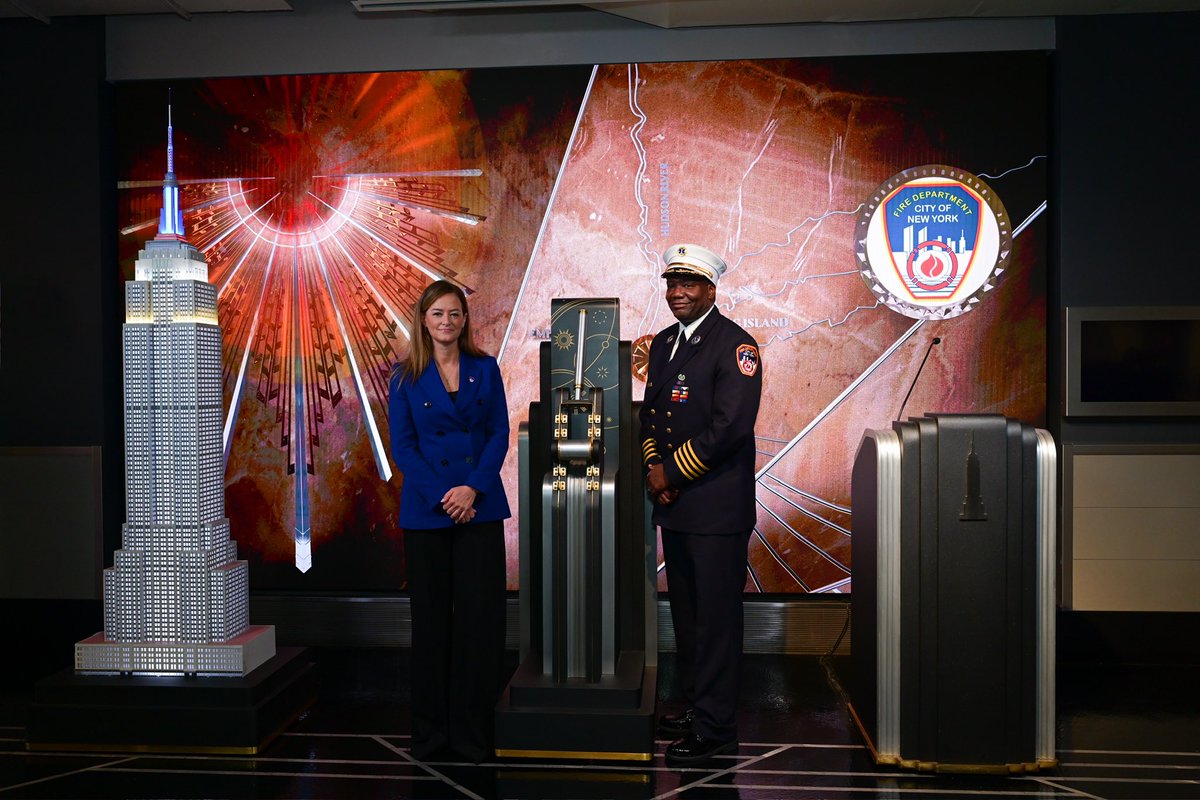 In honor of #EMSWeek, the @EmpireStateBldg will light up Sunday night in blue, white, and yellow. Fire Commissioner Laura Kavanagh and Chief of EMS Michael Fields were joined by dozens of EMS Members as they threw the switch at a ceremonial pre-lighting Friday.  #FDNY
