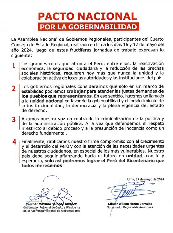 ¡Sumando esfuerzos por el Perú! 🤝 🇵🇪 Hoy el Gobierno y los gobernadores regionales firmaron el Pacto Nacional por la Gobernabilidad que busca desarrollar un trabajo conjunto en favor de la democracia e institucionalidad.