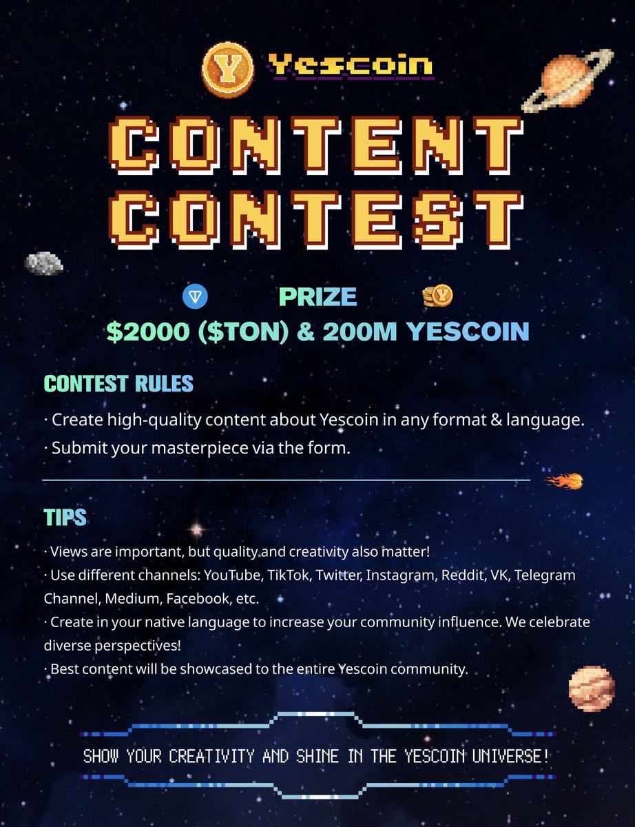 📢Attention Creators!  

Since we launch, we've received 500+ pieces of content from Yescoiners worldwide! 

To thank #Yescoiner for sharing the stories, we're excited to present the Yescoin Airdrop Part II - Yescoin Content Contest! 🎬📷✍  

🏆Prizes: 
$2000 in $Ton 
200M