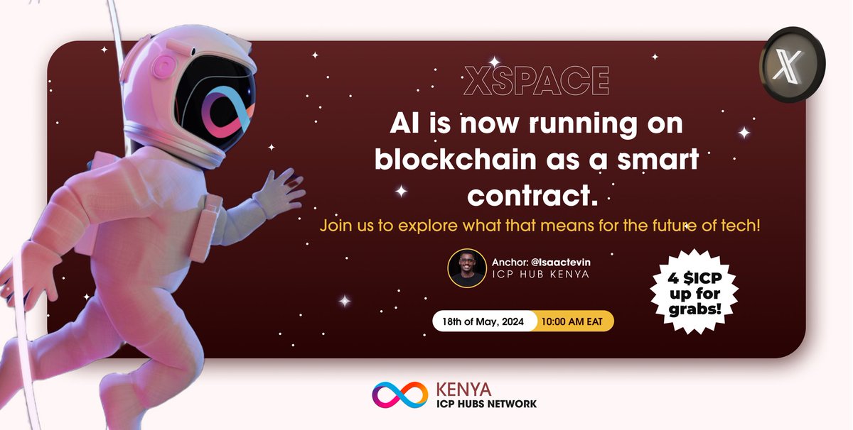 📣Don't forget to tune tomorrow for a fun and educative💡session.

We’ talking #AI and the future of decentralized #tech🚀 we’ll also be giving out 4 #ICP tokens.

Don't miss out💥 Set a reminder now 🔗: x.com/i/spaces/1yqxo…

#AISmartContract #BlockchainTech #ICP #FutureOfTech