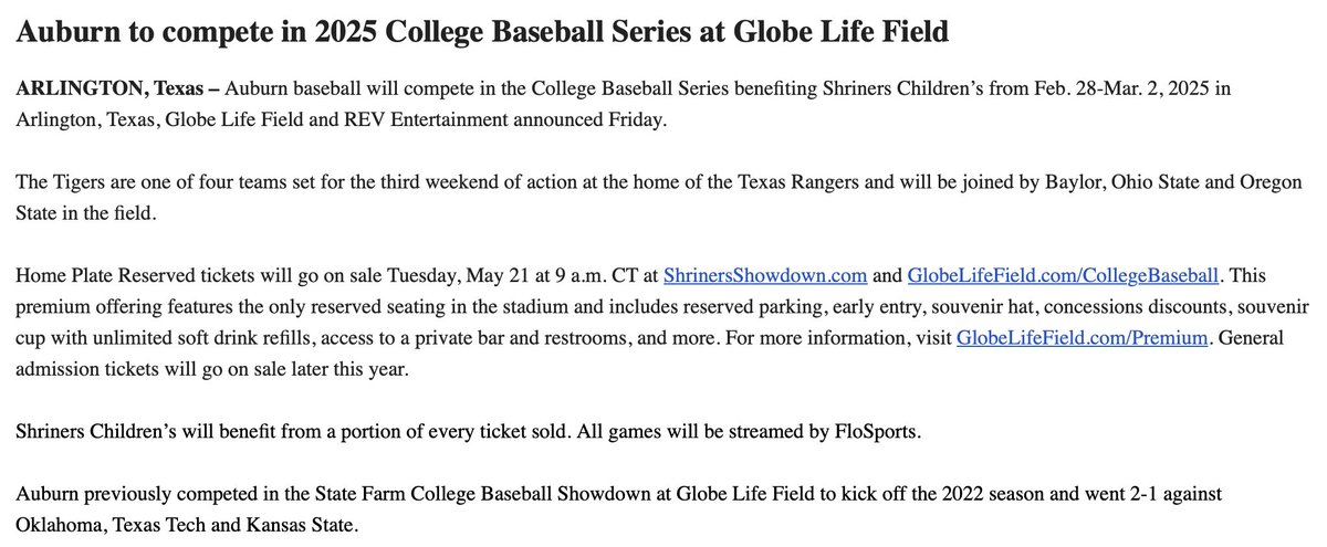 NEWS: Auburn baseball will play in the 2025 College Baseball Series at Globe Life Field in Arlington, Texas Feb. 28-March 2.