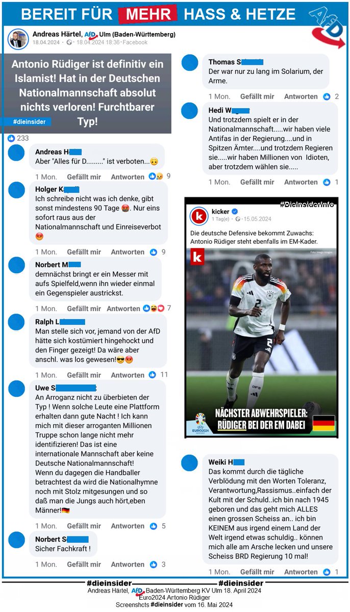 Die #EURO2024 in Deutschland wirft ihre Schatten voraus. Diese Woche wurden unsere Nationalspieler nominiert. Unter anderem #AntonioRüdiger. Was den #AfDer gar nicht gefällt. #LautGegenRechts #NiemalsAfD #DFB #WirSindDieBrandmauer #GemeinsamGegenHass #DieInsider