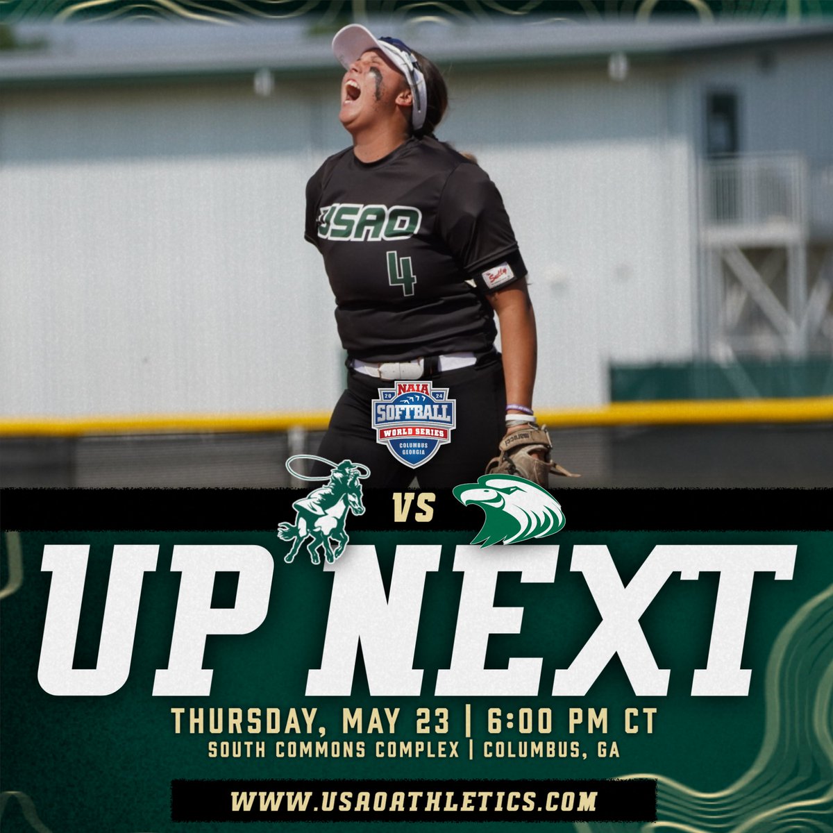 𝘜𝘗 𝘕𝘌𝘟𝘛⏩ 𝙉𝘼𝙄𝘼 𝙒𝙤𝙧𝙡𝙙 𝙎𝙚𝙧𝙞𝙚𝙨🏆 🆚: #3 Central Methodist 📅: May 23 ⏰: 6:00 PM CT 📍: Columbus, GA 🏟️: South Commons Complex 📺📊🎟️: usaoathletics.com/composite #DroverNation🐎 x #BleedGreen