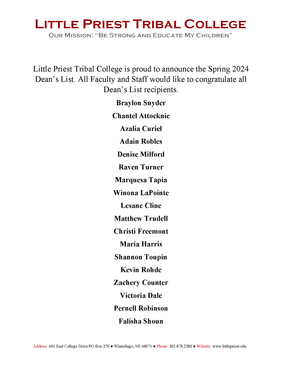 Little Priest Tribal College Spring 2024 Dean's List.