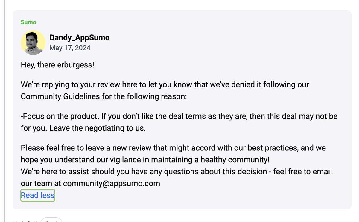 Wow, I used to love @AppSumo but they are missing the mark worse than Apple's bad Crush! commercial. Sneakily steal a coupon, then rudely deny the review that mentions the situation? 'Leave the negotiating to us?' What? Zero tacos, guys.
#badservice