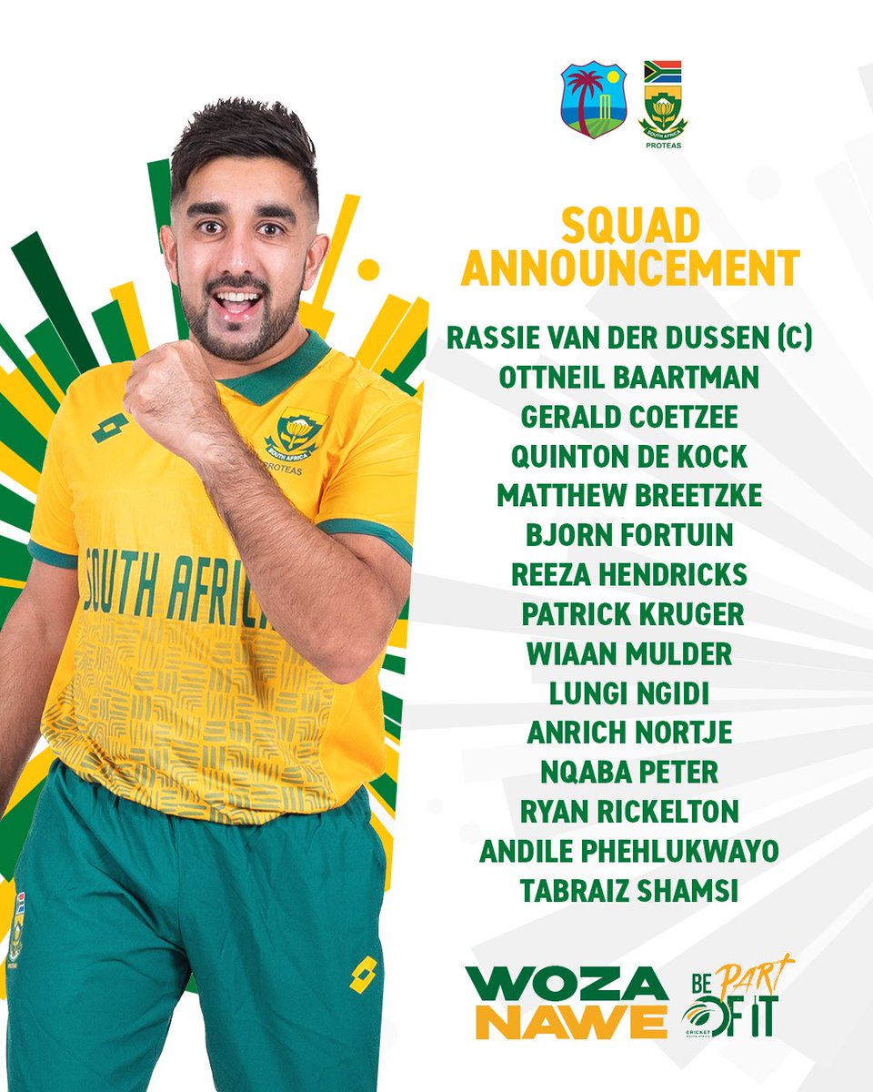 West Indies here we come! 🏏🇿🇦 🤳 Set your reminder for an exciting T20i series, where the Proteas will be taking on West Indies in their homeland. 📺Catch all the action LIVE on Supersport. #WozaNawe #BePartOfIt