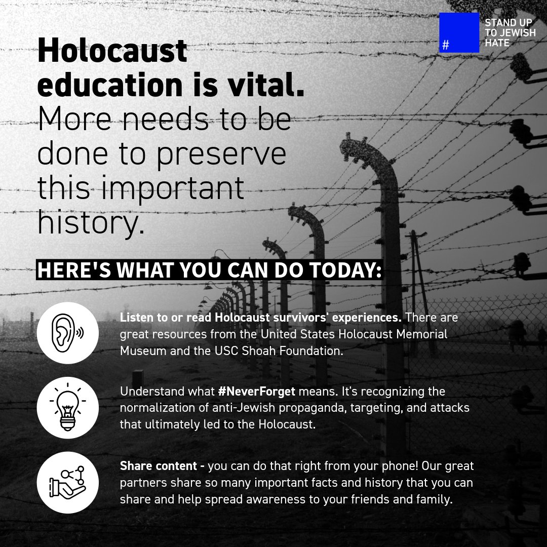 The Holocaust was not that long ago and more people continue to forget the largest manifestation of Jewish hate. It’s our responsibility to ensure the history and lessons of the Holocaust are passed down from generation to generation. You can start today. #StandUpToJewishHate #🟦