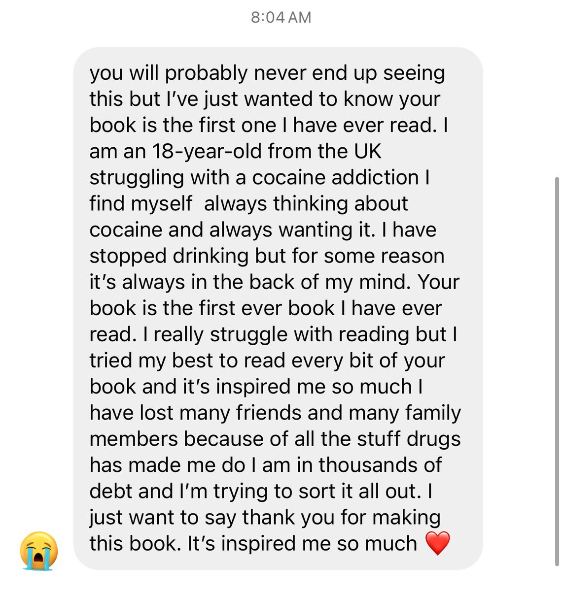 since my release of the fifth vital in may 2020, i have received tens of thousands of messages like this one. i imagine it does something for people to share how my story positively impacted their lives. i just don’t know if they understand what these messages do to MY life. on