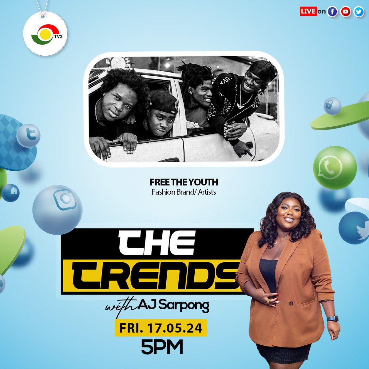 Today on #TheTrends with @ajsarpong, our guests will be fashion brand and artists, Free the Youth. Tune in at 5PM 📺