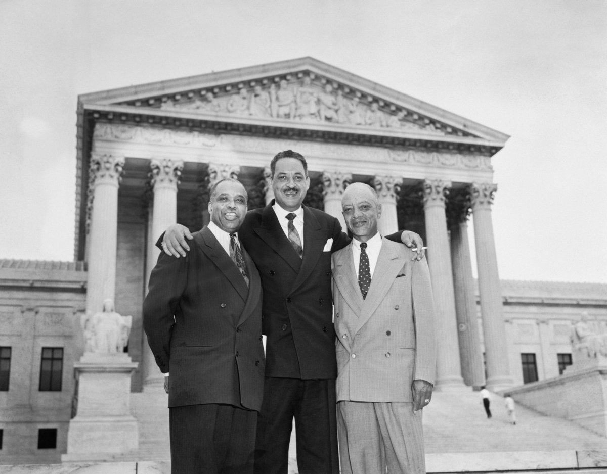 On May 17, 1954, the Supreme Court ruled in Brown v. Board of Education of Topeka that segregation in public schools was inherently unequal. 📷: (l-r) George E.C. Hayes, Thurgood Marshall, and James Nabrit Jr argued the case. Photo credit: Bettman/Getty Images #BrownVBoard