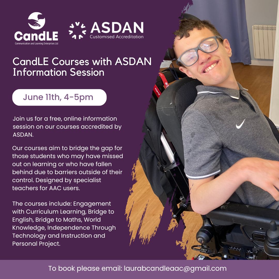CandLE AAC (@candleaac) on Twitter photo CandLE Courses with ASDAN Information Session Tuesday 11th June 2024 4-5pm
Join us for a free, online information session on our courses accredited by ASDAN.
To book please email: laurabcandleaac@gmail.com CandLE Courses with ASDAN Information Session Tuesday 11th June 2024 4-5pm
Join us for a free, online information session on our courses accredited by ASDAN.
To book please email: laurabcandleaac@gmail.com