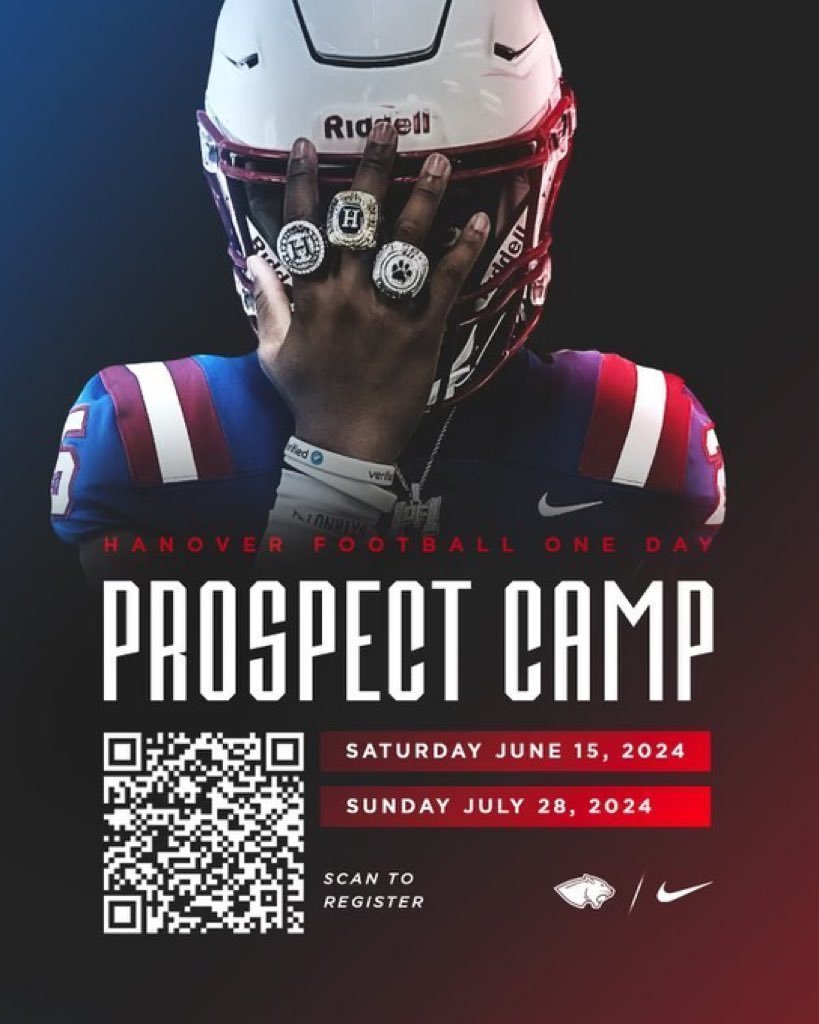 🔥 2024 🏈 CAMP SEASON IS HERE ‼️ 🔴 Come Hunt For Greatness & Compete @HanoverFTBL Prospect Camps this Summer ‼️ ⚪️ Sign 📱 up & Mark Your 🗓️ 🔵 Register using QR Code or Link 👇 🔗 hanoverfootballcamps.com