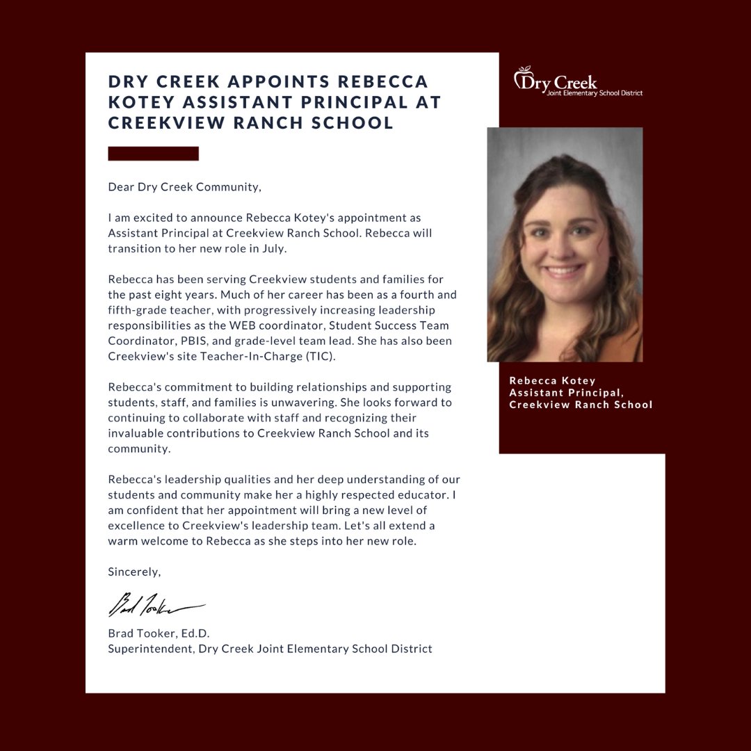 Join us in congratulating Rebecca Kotey appointed Assistant Principal at Creekview Ranch School starting in July. We are excited to have her transition into her new role in the 2024-2025 school year! Congratulations!  We are so #DCJESDPROUD of you!