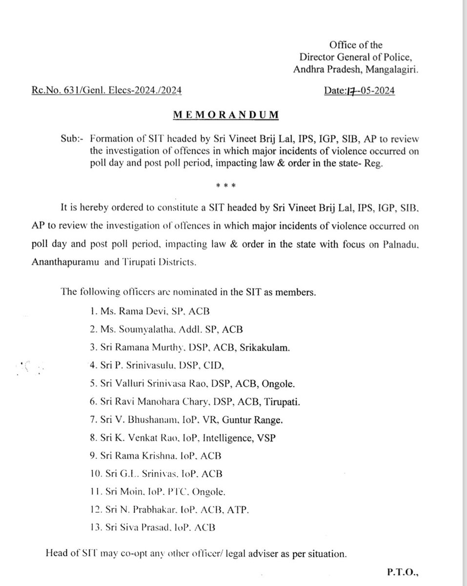 AP government has appointed IG Vineet Brijlal IPS as head of Special Investigation Team to probe post election violence SIT formed following the ECI directions to focus on cases of clashes in Palnadu, Ananthapur and Tirupati 1. SIT is mandated to review the investigation of