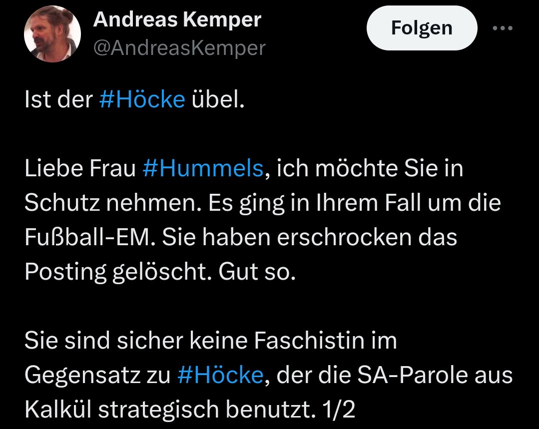 Herr Kemper ist einschlägig wegen seinem Hass auf @BjoernHoecke bekannt und nun relativiert und kokettiert er mit Frau #HUMMELS, die ebenfalls 'Alles für Deutschland' benutzte. Moralische Schräglage, Herr Kemper?