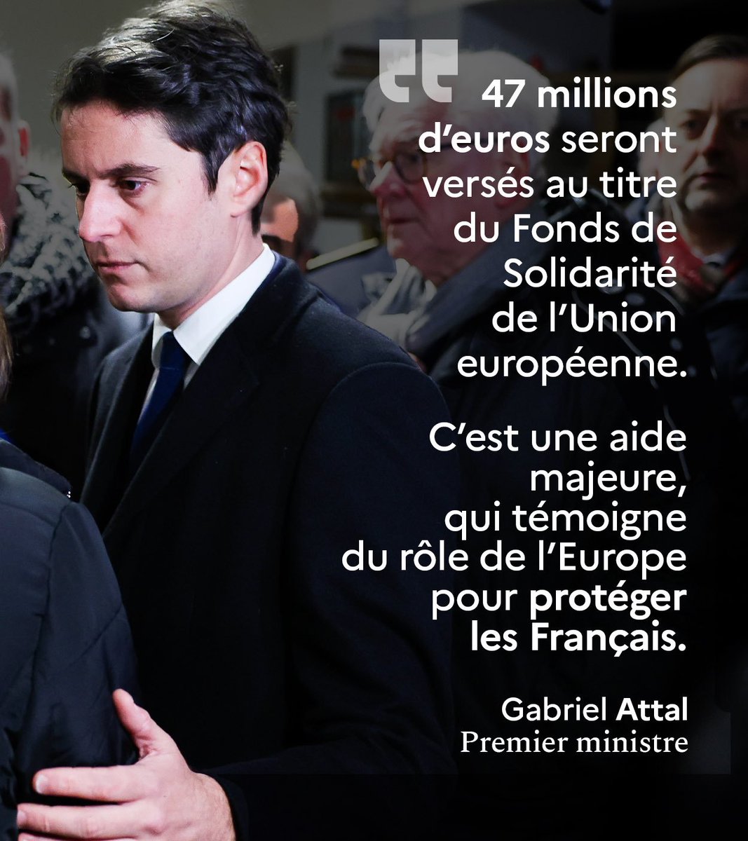 🇫🇷🌊 Pour la 4ème fois depuis sa nomination à Matignon, @GabrielAttal s'est rendu auprès des habitants du Pas-de-Calais, sinistrés après de forts épisodes d'inondations.

— Le Premier Ministre a annoncé que 47 millions d’€ d’aides européennes viennent d’être débloqués.