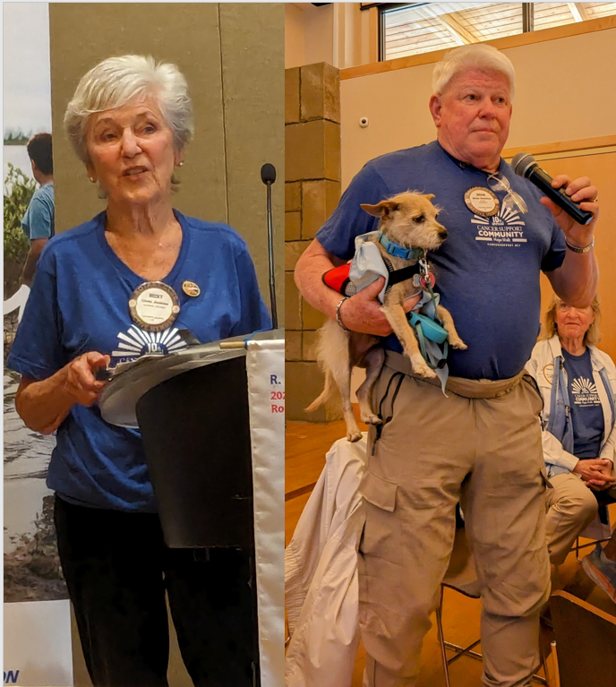 Big thanks to <a href="/Rotary/">Rotary International</a>  Lamorinda Sunrise Rotary members Becky, Brian and Rocky (the dog!) for getting the word out about the Hope Walk (May 18) at their Rotary meeting today. You can still sign up! cancersupport.net
