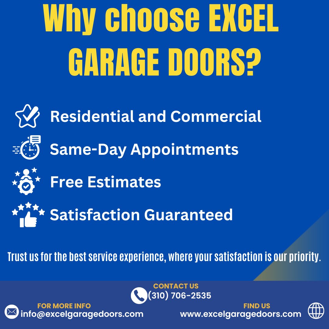 Experience the difference with Excel Garage Doors. 
#OverheadGarageDoors #GarageDoorExperts #GarageDoorServices #residentialgaragedoors  #commercialgaragedoors  #GarageDoorRepair #SameDayService #FreeEstimates