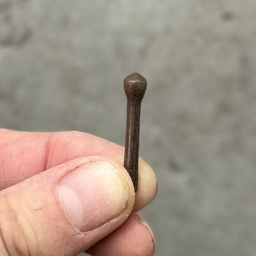 Best find today, a 2,000 year old bone hairpin. It’s fairly similar in style to the jet hairpins pushed into a Roman hairpiece, that once belonged to a young Roman woman in York. 1/3