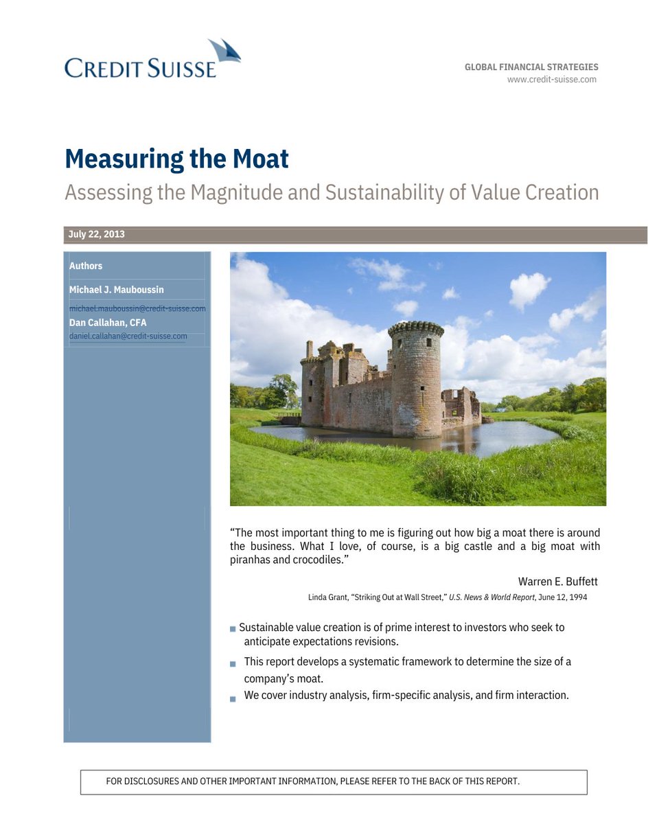 Looking for some good weekend reading?

Might I suggest Michael Maubousssin's Measuring the Moat

This seminal work (2013) explains in depth:

• Importance
• How to measure
• Specific company characteristics
• Fantastic, must-have checklist

Link in next tweet 👇🏼👇🏼