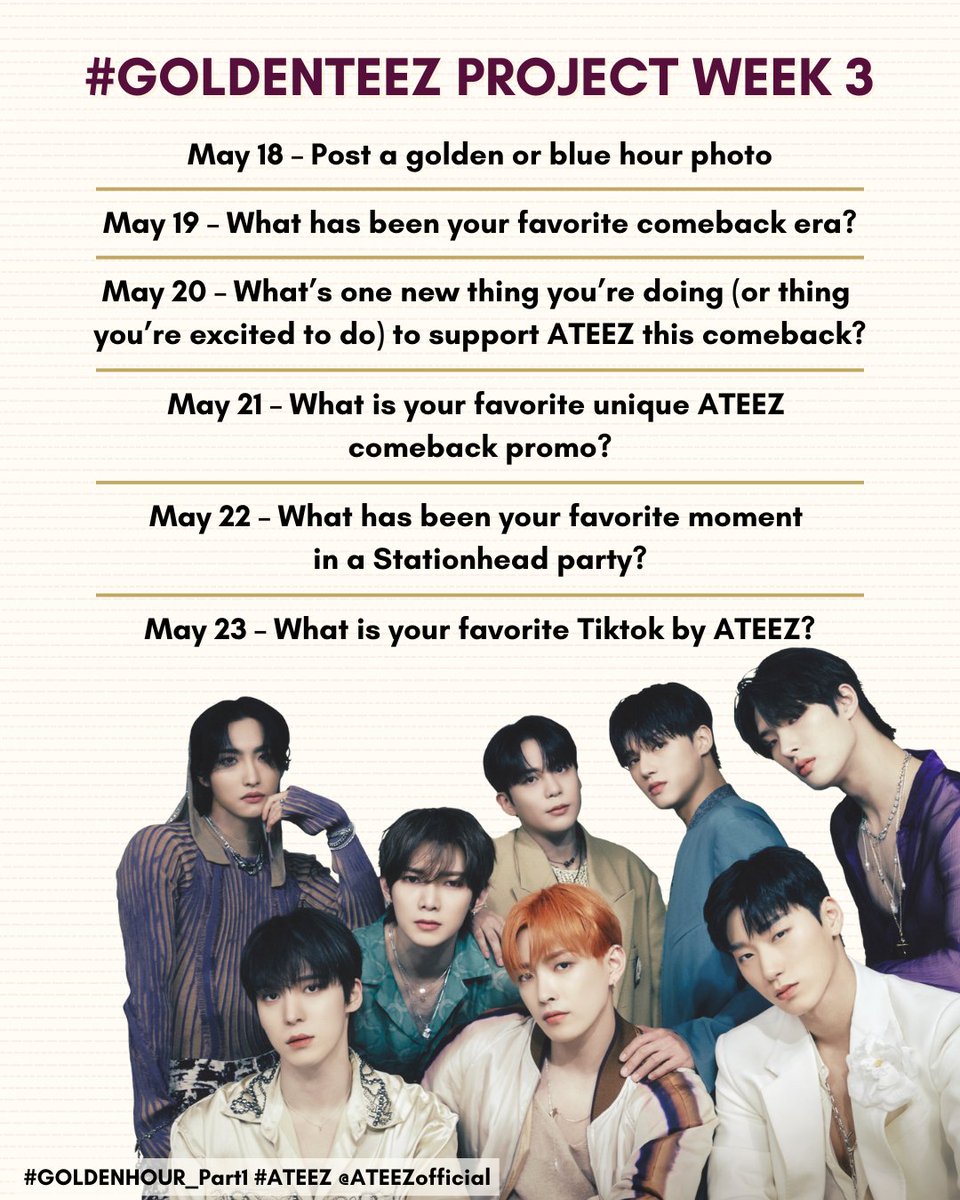 📣 GOLDENTEEZ PROJECT ATINY! Today for #GOLDENTEEZ, we're returning to golden or blue hour photos. Share yours in the comments or quotes! —🧃— #GoldenHour_Part1 #ATEEZ #에이티즈 @ATEEZofficial