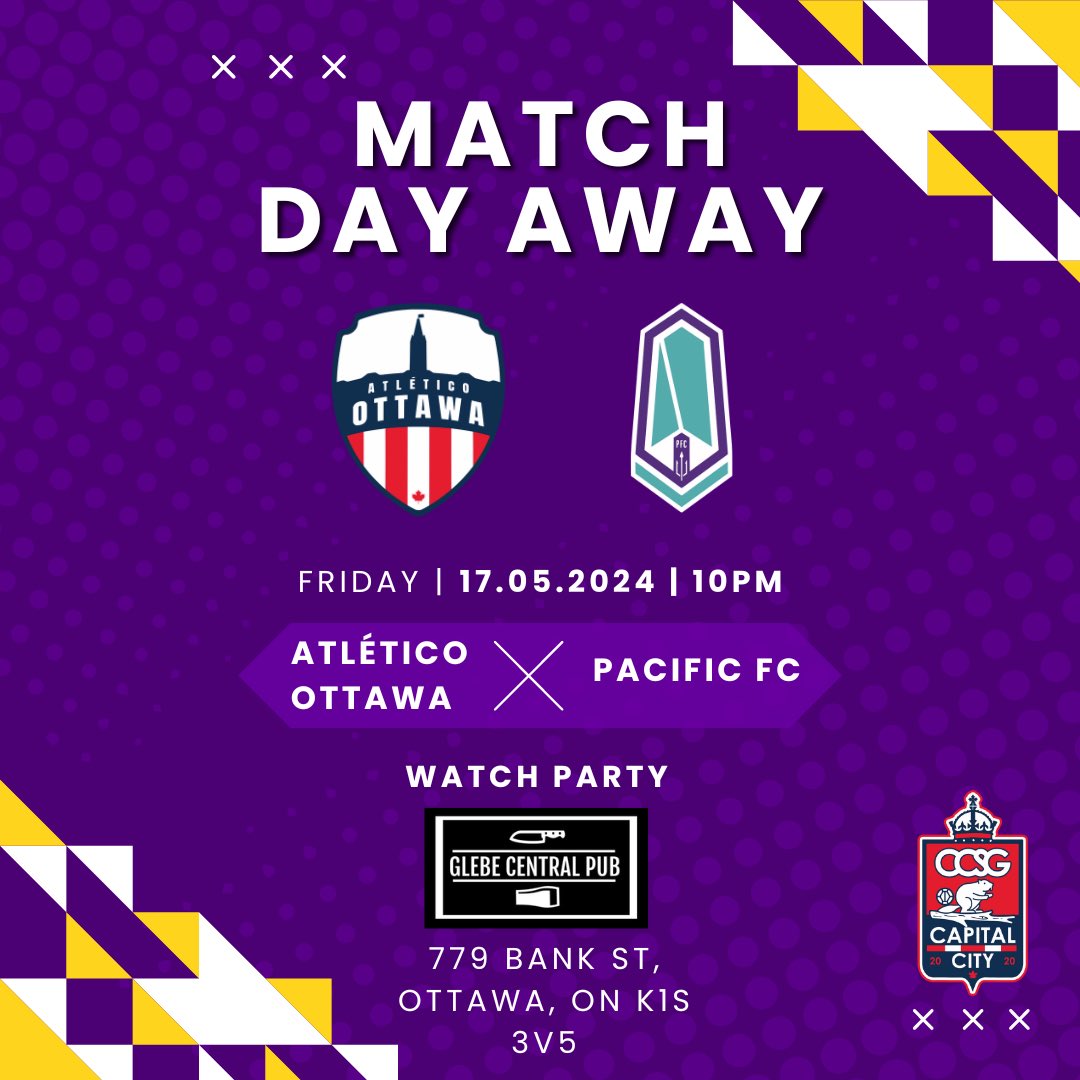 Another match day away! This time our boys take on @Pacificfccpl . Come join us for kickoff at 10pm at the @GlebeCentralPub our temple of football here in Ottawa ⚽️🛕 #CanPL #ForOttawa #PourOttawa #Matchday