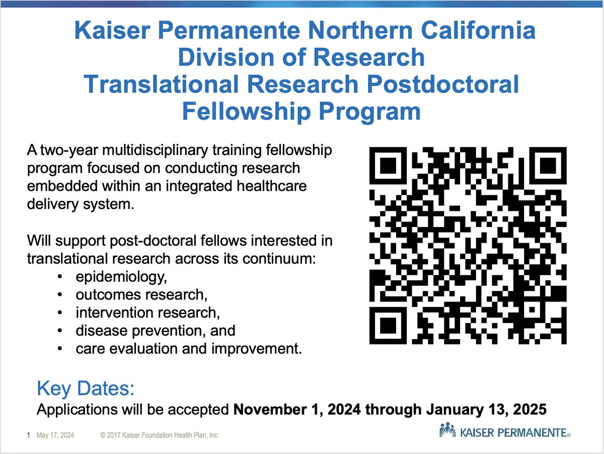 Looking for a 2-year #multidisciplinary #fellowship in #epidemiology, outcomes research, intervention research, #disease prevention, or #care evaluation & improvement? Explore our @KPDOR @kpnorcal #TranslationalResearch #PostDoc Fellowship Program! More: ibit.ly/mDkAW
