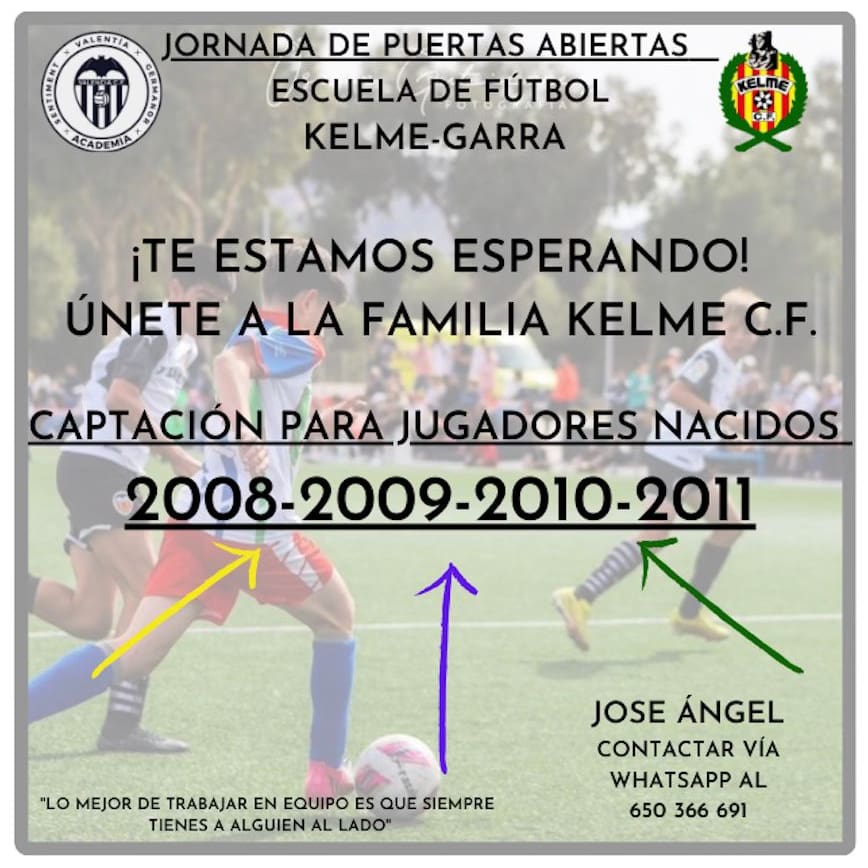 Kelme CF invita a los niños nacidos en los años 2008, 2009, 2010 y 2011 a las Captaciones para la temporada 24-25. Te estamos esperando! #dalekelme #muchagarra 🐾
