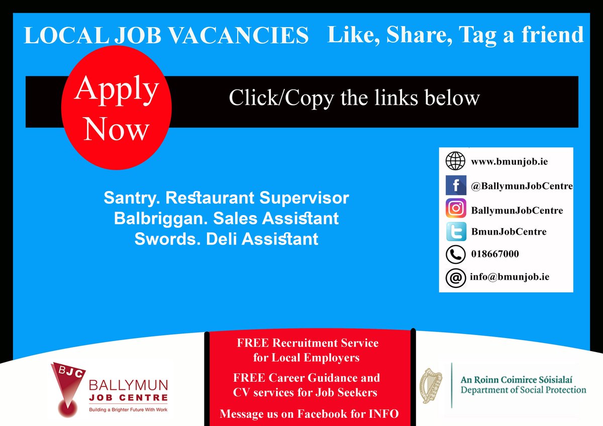 👉 Visit us at: Bmunjob.ie

Vacancies #bmunjob #jobfairy #dublinjobS
Santry. Restaurant Supervisor
is.gd/8gY9ux 
Balbriggan. Sales Assistant
is.gd/jmC4HG 
Swords. Deli Assistant
is.gd/qGkrjo