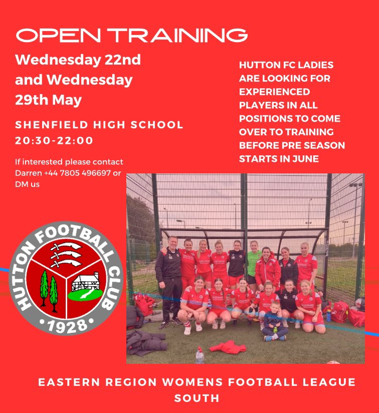 Open training for the next 2 Wednesdays before our pre season starts in June Looking for new players in all positions due to long term injuries and players moving abroad We are looking to strengthen our team ready for next season to challenge for promotion! @ERWFLe @WF_East