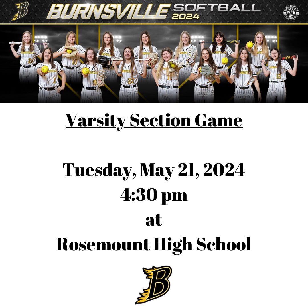 BHSSoftball (@bhssoftball2019) on Twitter photo Mark your calendars~ Section Game is Tuesday, May 21, 2024, 4:30 pm, at Rosemount High School!
#fuelthefire #bhssoftball #goblaze #sections Mark your calendars~ Section Game is Tuesday, May 21, 2024, 4:30 pm, at Rosemount High School!
#fuelthefire #bhssoftball #goblaze #sections