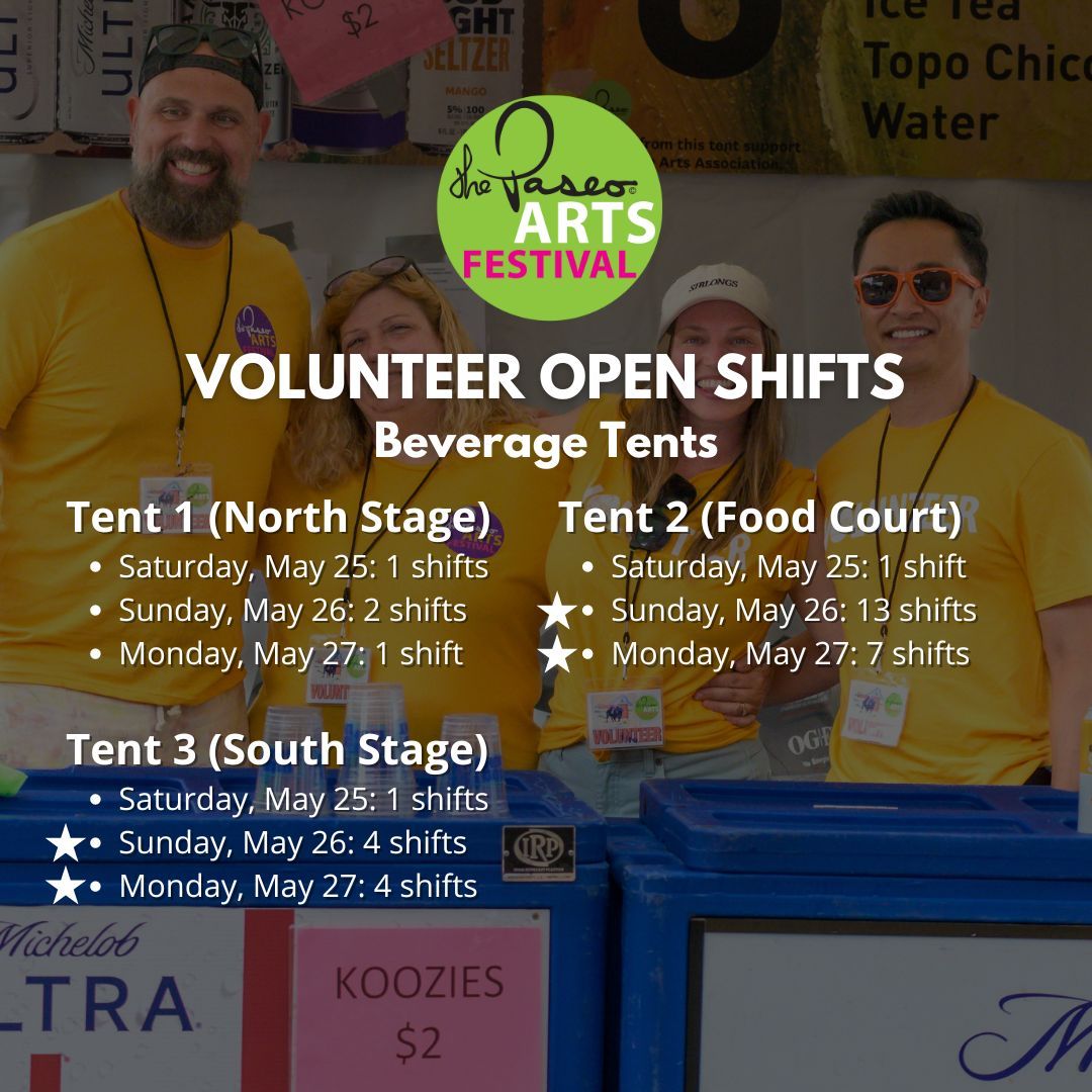 Thank you to all who have signed-up to be volunteers at the 2024 Paseo Arts Festival! We have over 80 shifts left that we need your help with, please spread the word! Here are remaining shifts that need volunteers. Sign up by clicking here: buff.ly/34nJGUW (1/2)