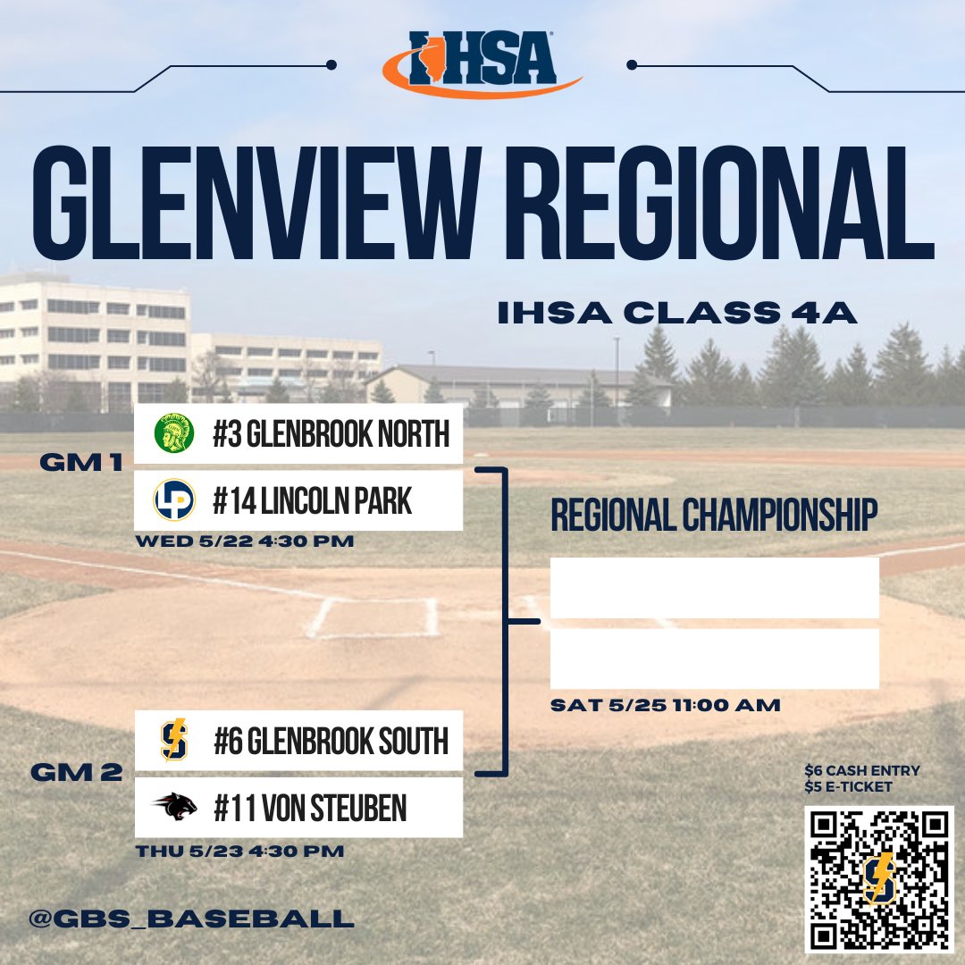 GBS Baseball (@gbs_baseball) on Twitter photo IHSA playoffs start next week. Can’t wait to host 4 quality programs in Glenview Regional. Games Wed, Thurs, Sat May 22-25.
🎟️ $6 cash, $5 eticket (GoFan.co)
🏟️ gates open 1 hr before 1st pitch
⚔️<a href="/GBN_Baseball/">Glenbrook North Baseball</a>
⚡️ <a href="/GBS_Baseball/">GBS Baseball</a>
🐆 <a href="/vspanthers/">Von Steuben Baseball</a>
🦁 <a href="/LincolnParkBB/">Lincoln Park Baseball</a> IHSA playoffs start next week. Can’t wait to host 4 quality programs in Glenview Regional. Games Wed, Thurs, Sat May 22-25.
🎟️ $6 cash, $5 eticket (GoFan.co)
🏟️ gates open 1 hr before 1st pitch
⚔️<a href="/GBN_Baseball/">Glenbrook North Baseball</a>
⚡️ <a href="/GBS_Baseball/">GBS Baseball</a>
🐆 <a href="/vspanthers/">Von Steuben Baseball</a>
🦁 <a href="/LincolnParkBB/">Lincoln Park Baseball</a>