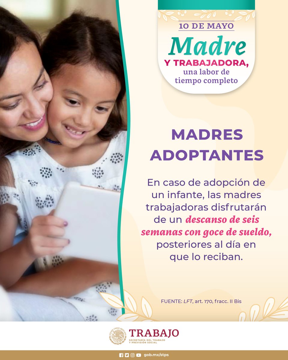 🩷 ¿Sabías que las #MadresAdoptantes tienen derecho a un periodo de descanso después de recibir a su hija o hijo? 👩‍👧‍👦🫶

➡️ Entérate de lo que indica la #LeyFederalDelTrabajo 📜al respecto. 🤓

#MaternidadYTrabajo #10deMayo #MaternidadJusta